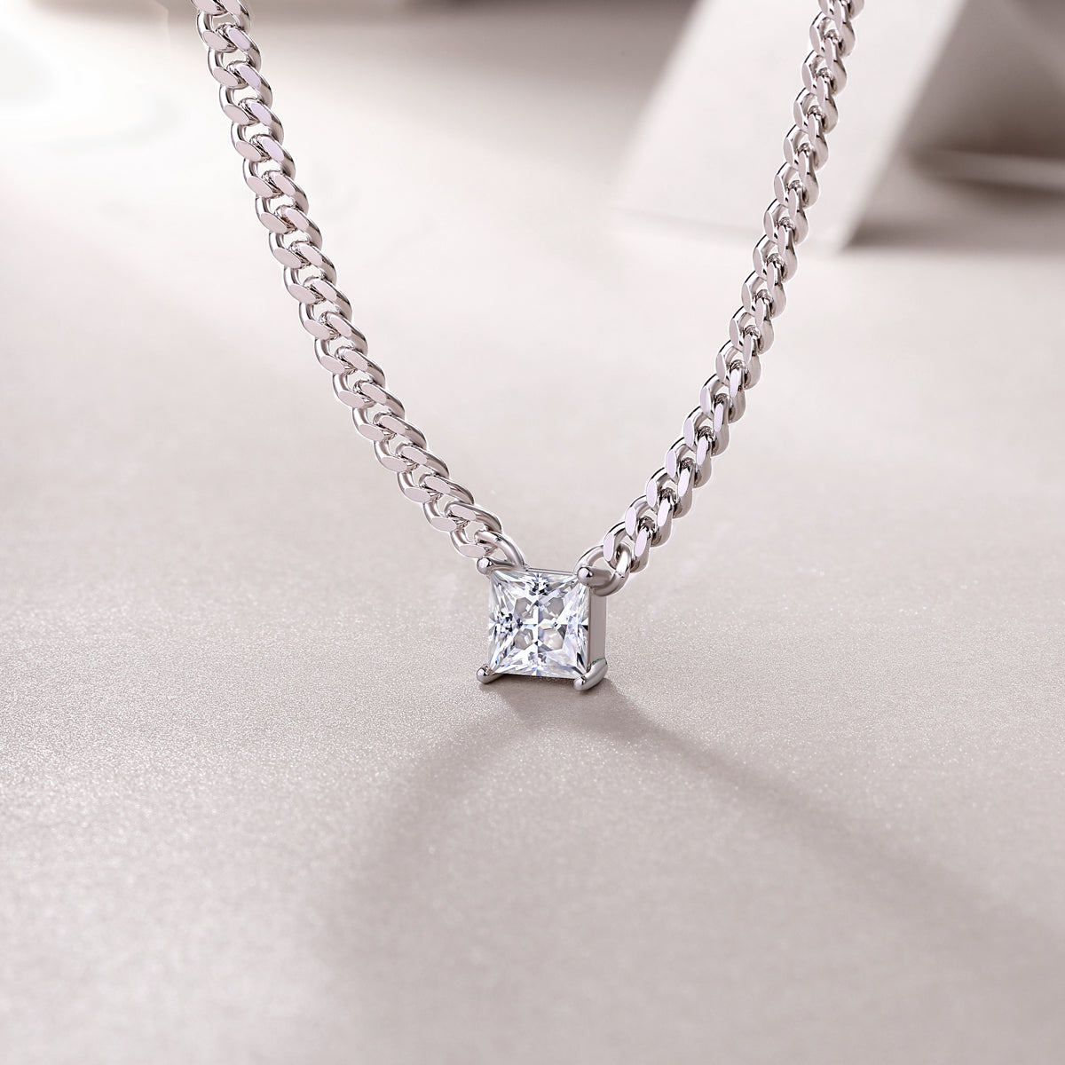Silver Plated 18K Platinum Cuban Chain Necklace with 1.0 Carat Princess Cut Moissanite Pendant