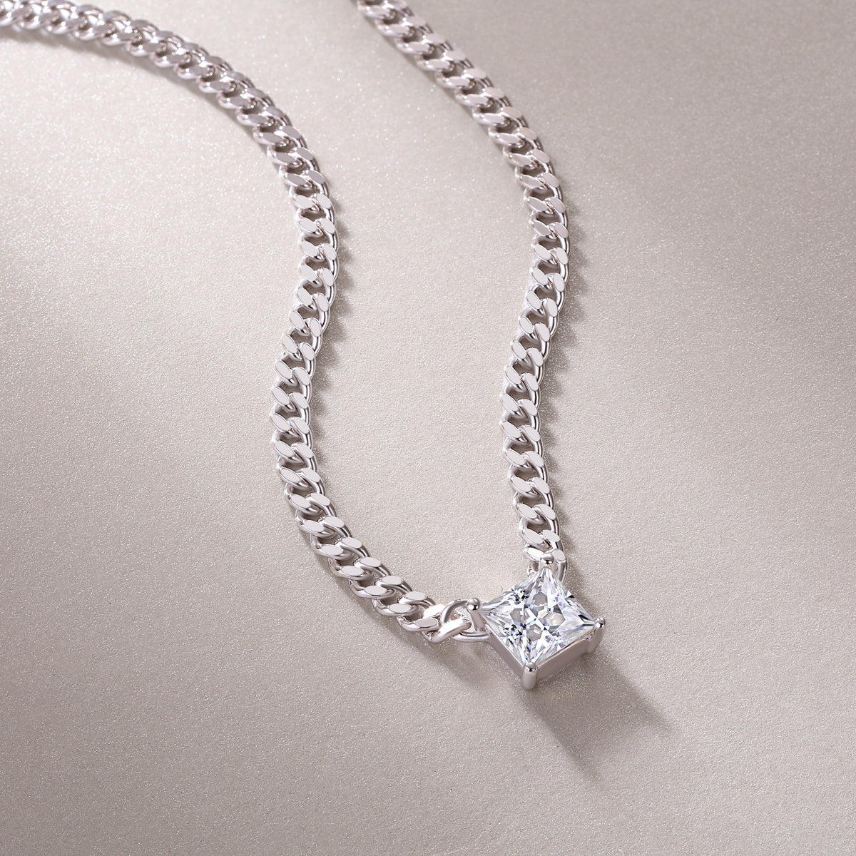 Silver Plated 18K Platinum Cuban Chain Necklace with 1.0 Carat Princess Cut Moissanite Pendant
