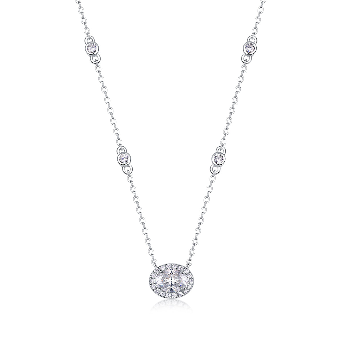 Silver Plated 18K Platinum Oval Pendant Necklace with 1.0 Carat Small Moissanite