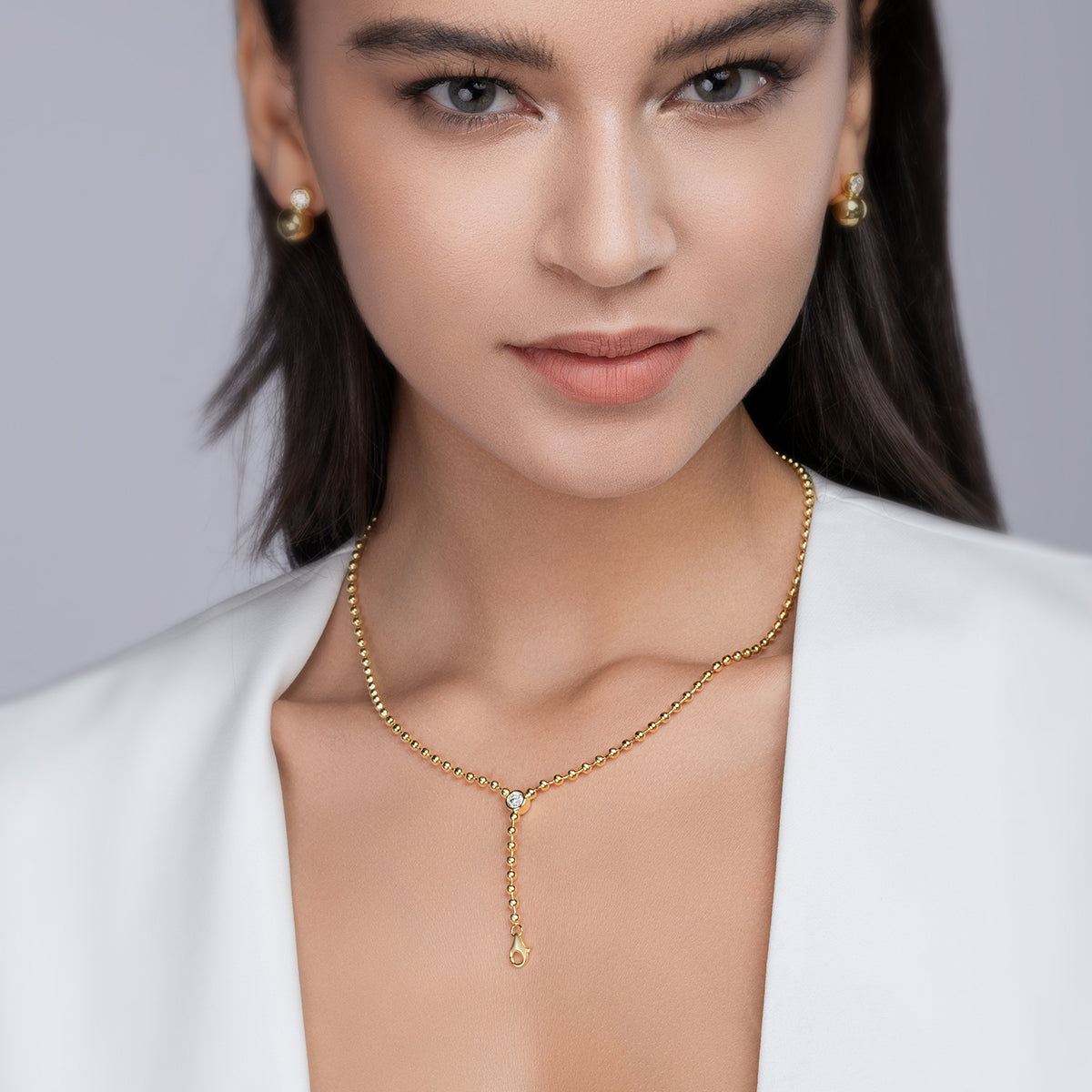 Silver Plated 18K Gold Round Bead Necklace with 0.5 Carat Moissanite