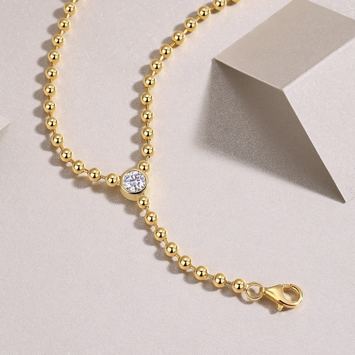 Silver Plated 18K Gold Round Bead Necklace with 0.5 Carat Moissanite