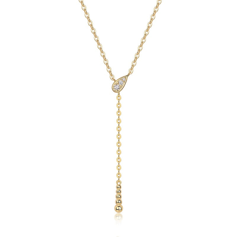 Silver Plated 18K Gold Round Bead Necklace with Moissanite Pear Drop