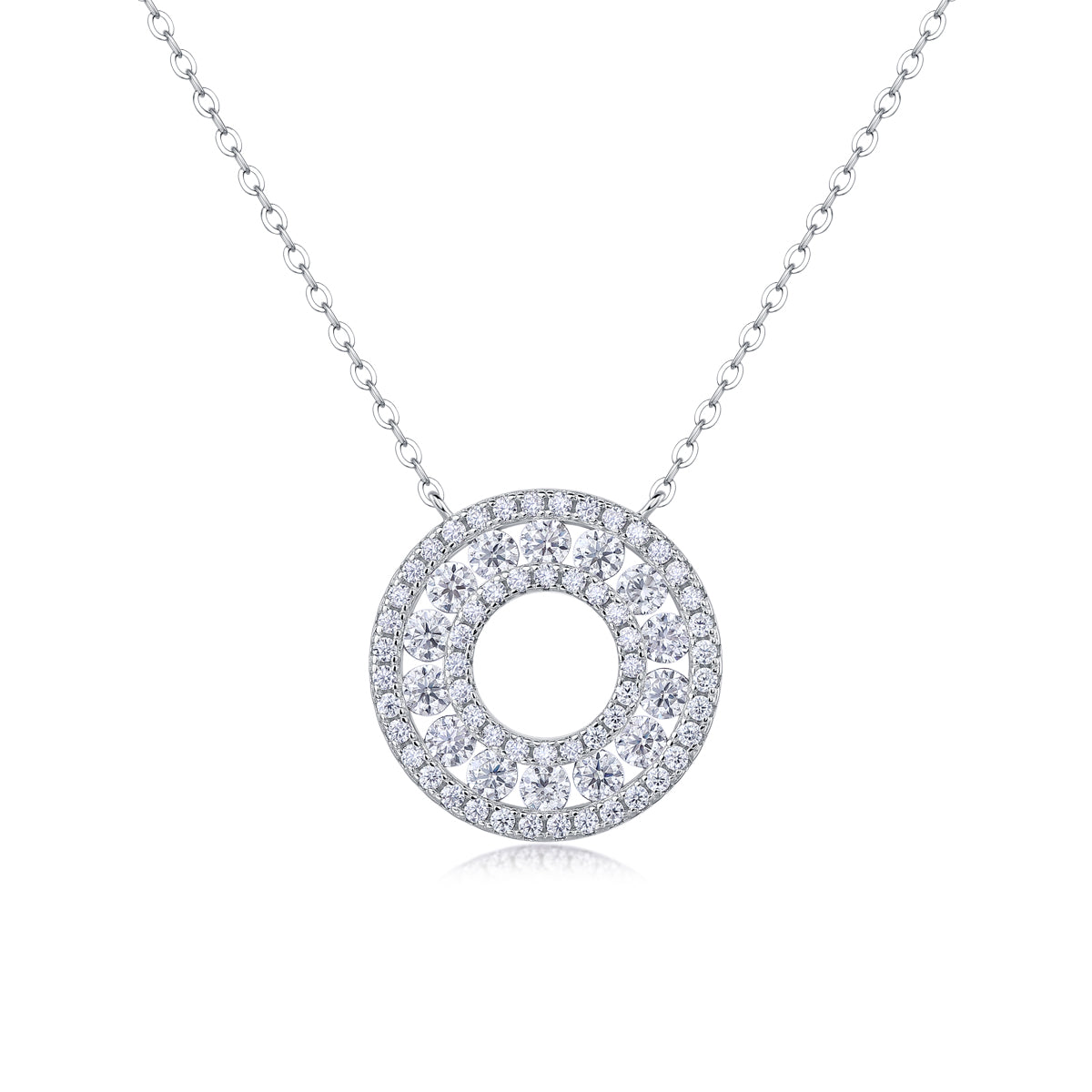 S925 Silver Plated 18K Platinum Circle Pendant Necklace with Small Moissanite