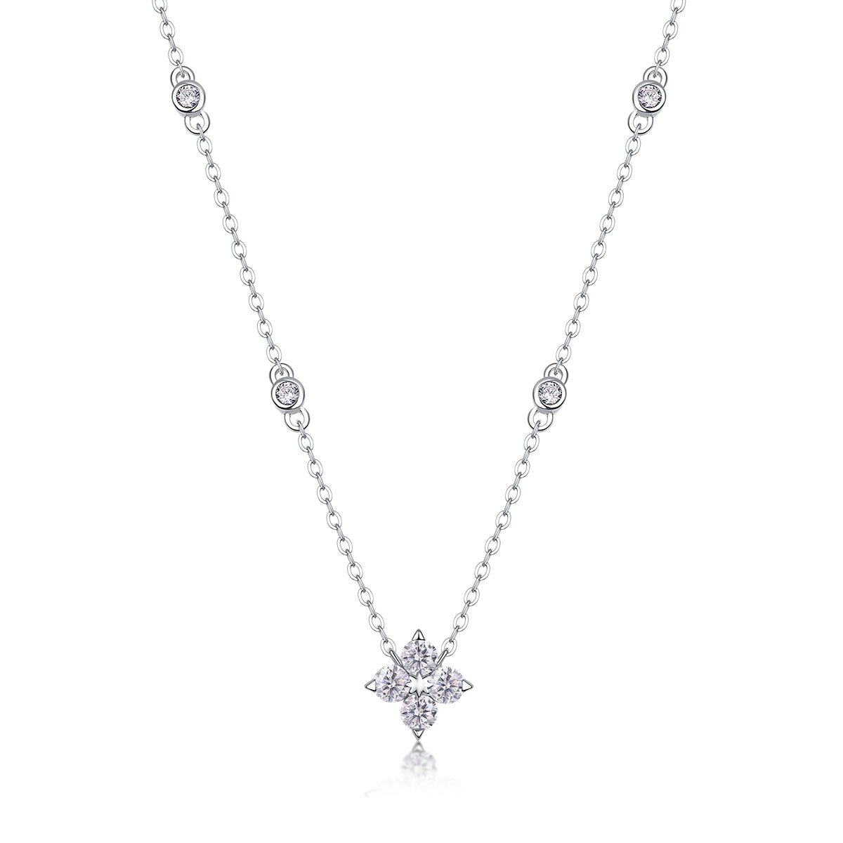 S925 Silver Plated 18K Platinum Flower Pendant Necklace with 0.1 Carat Small Moissanite