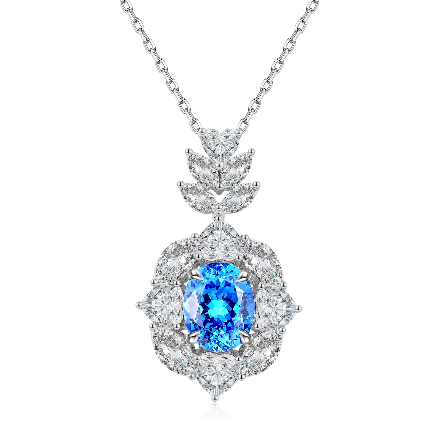 3.85 Carat Oval Lab Created Gemstone Halo Pendant Necklace