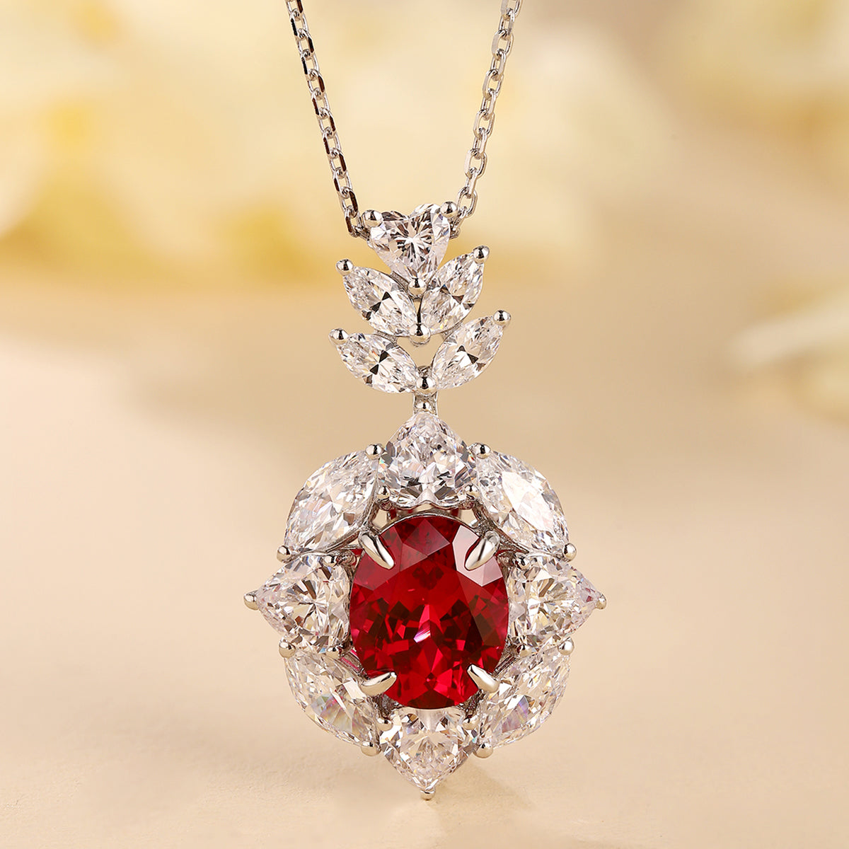 3.85 Carat Oval Lab Created Gemstone Halo Pendant Necklace