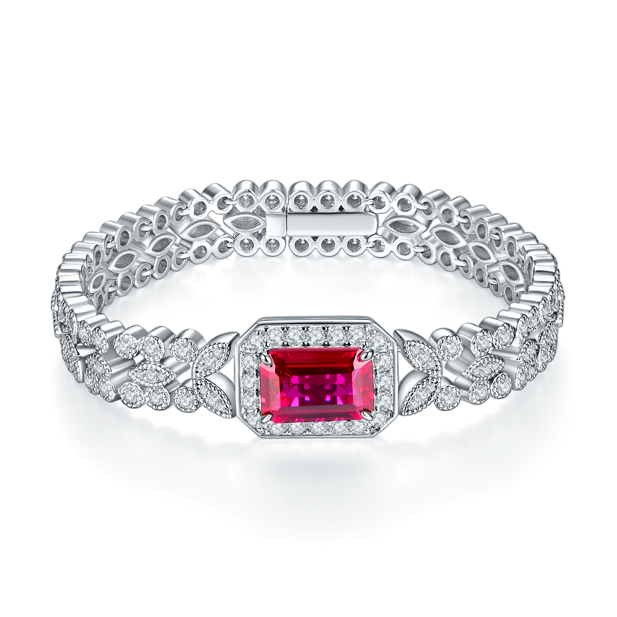 5.6 Carat Emerald-Cut Lab Grown Ruby Soleste Halo Bracelet