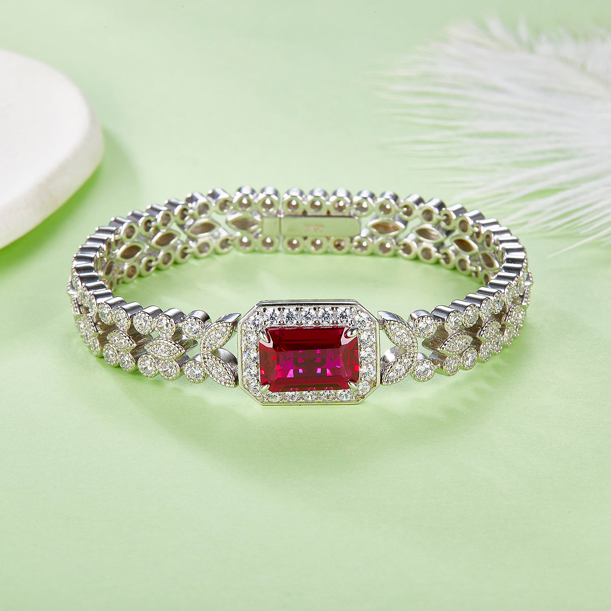 5.6 Carat Emerald-Cut Lab Grown Ruby Soleste Halo Bracelet