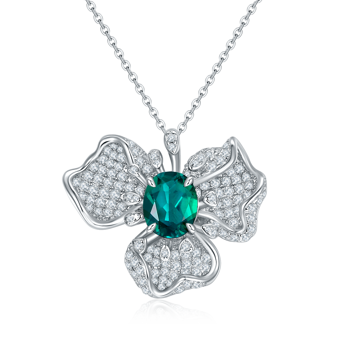 Oval Shape Lab Grown Gemstone Flower Pendant Necklace S925 Silver Plated 18K Platinum