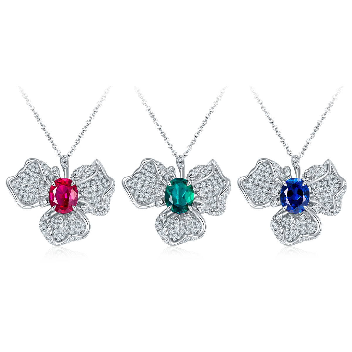 Oval Shape Lab Grown Gemstone Flower Pendant Necklace S925 Silver Plated 18K Platinum