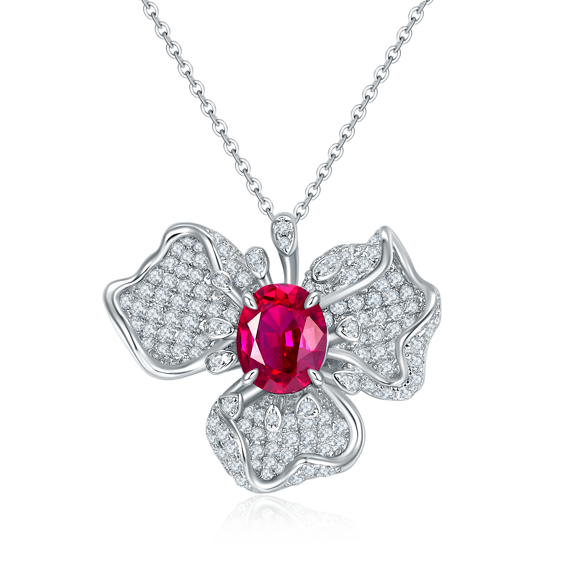 Oval Shape Lab Grown Gemstone Flower Pendant Necklace S925 Silver Plated 18K Platinum