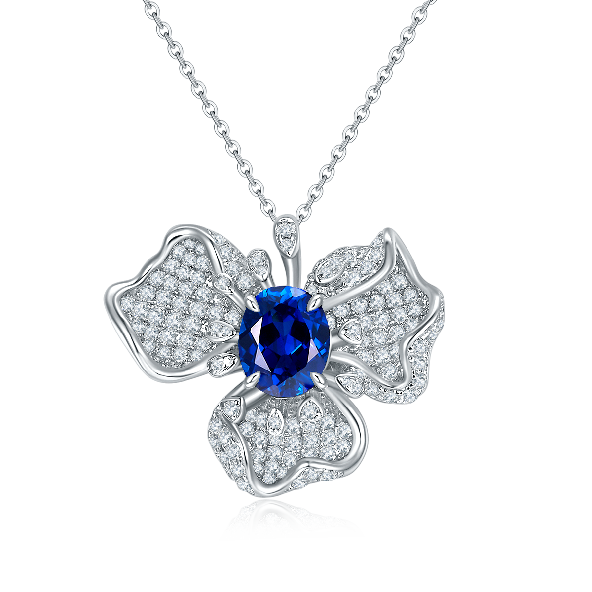 Oval Shape Lab Grown Gemstone Flower Pendant Necklace S925 Silver Plated 18K Platinum