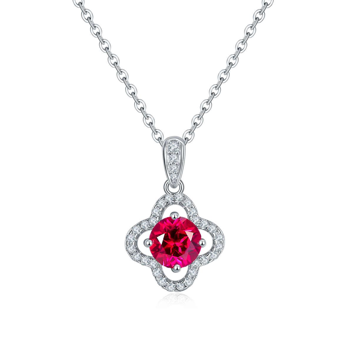 Four-Leaf Clover Pendant with 1.0 Carat Lab-Grown Ruby Necklace
