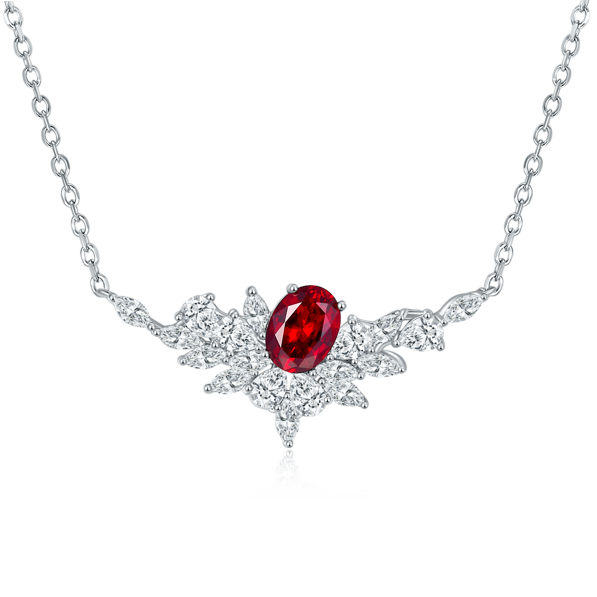 V-Shape Firework Pendant with 1.6 Carat Oval Lab Grown Gemstone S925 Silver Plated 18K Platinum Necklace