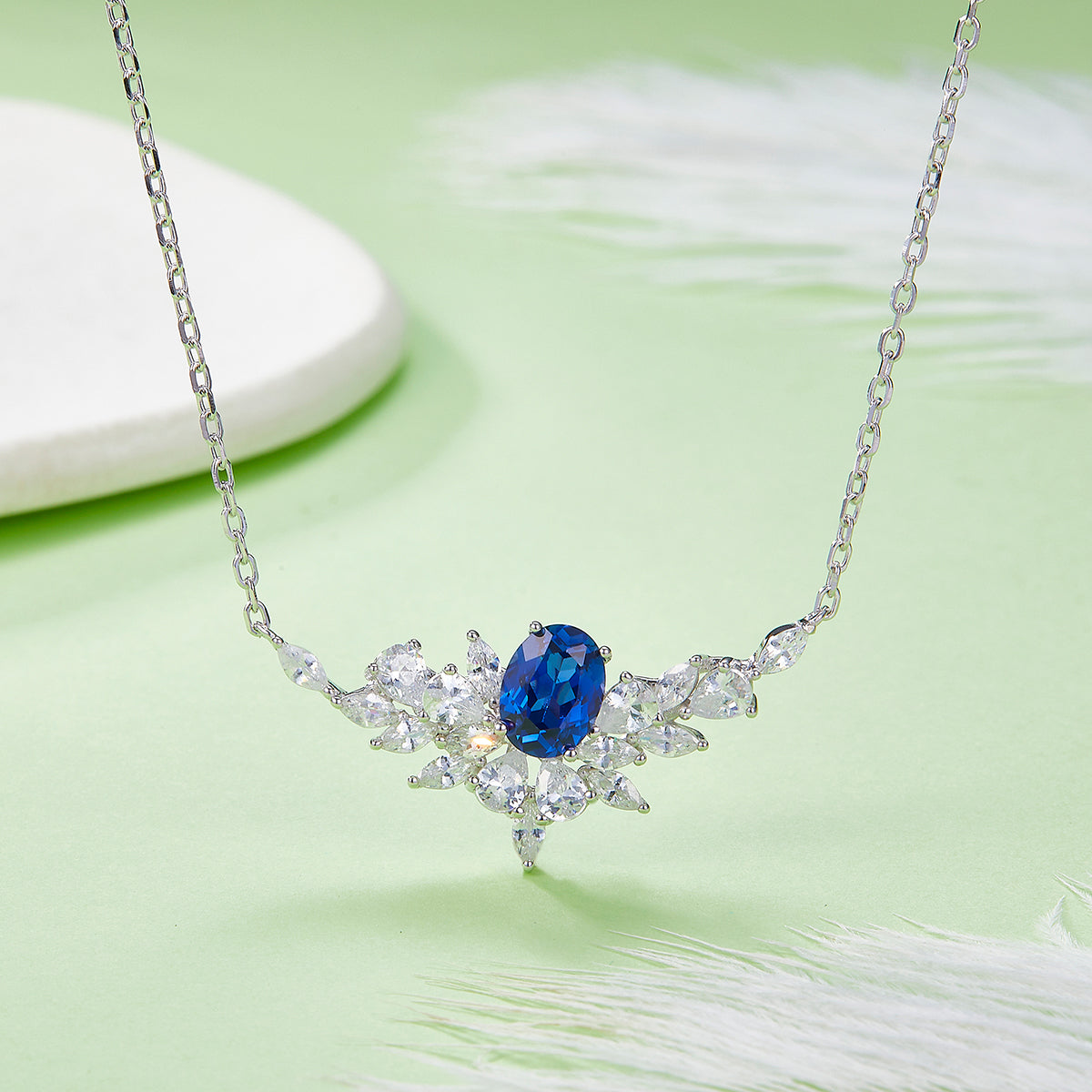 V-Shape Firework Pendant with 1.6 Carat Oval Lab Grown Gemstone S925 Silver Plated 18K Platinum Necklace