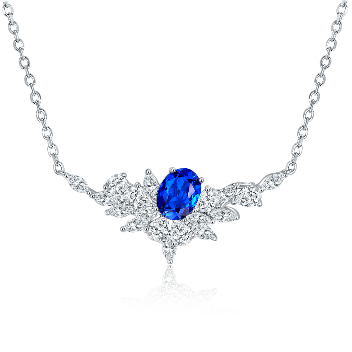 V-Shape Firework Pendant with 1.6 Carat Oval Lab Grown Gemstone S925 Silver Plated 18K Platinum Necklace