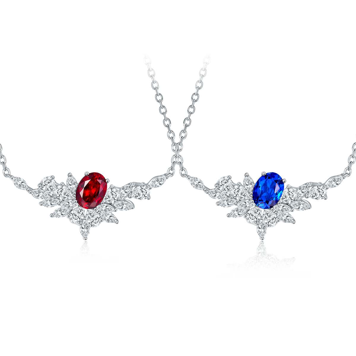 V-Shape Firework Pendant with 1.6 Carat Oval Lab Grown Gemstone S925 Silver Plated 18K Platinum Necklace