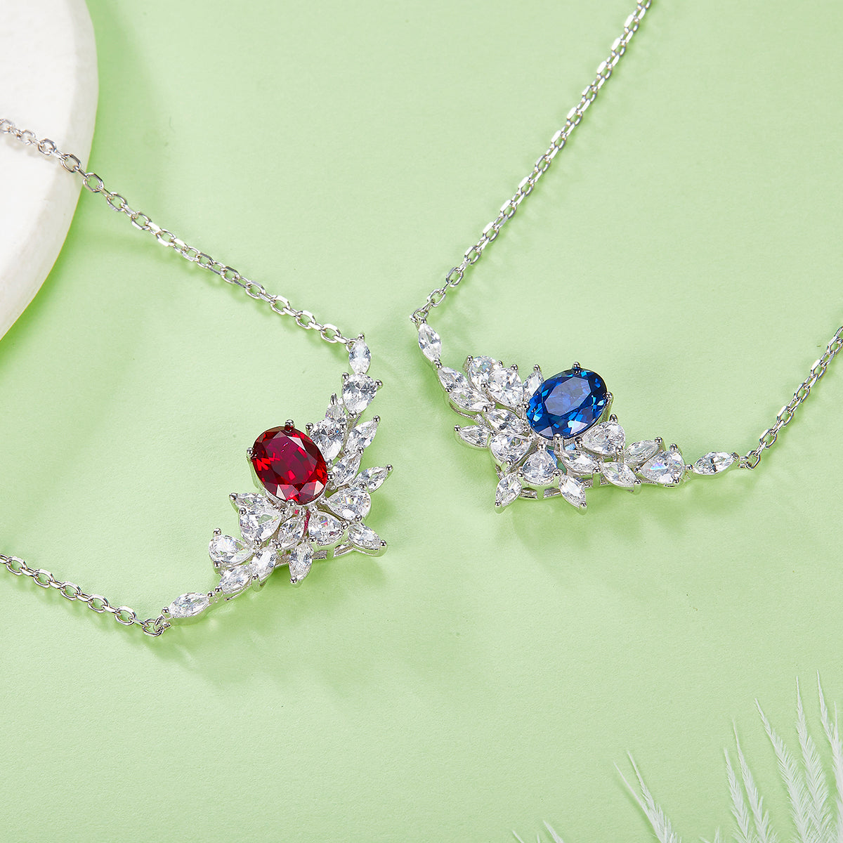 V-Shape Firework Pendant with 1.6 Carat Oval Lab Grown Gemstone S925 Silver Plated 18K Platinum Necklace