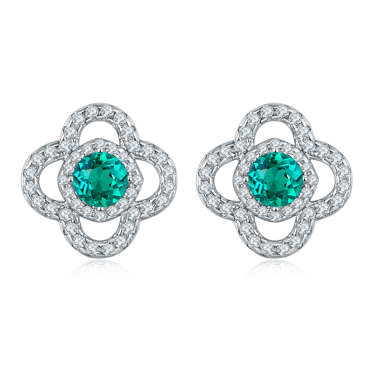 Four-Leaf Clover S925 Silver Plated 18K Platinum Stud Earrings with Round Cut Lab-Grown Emerald Moissanite