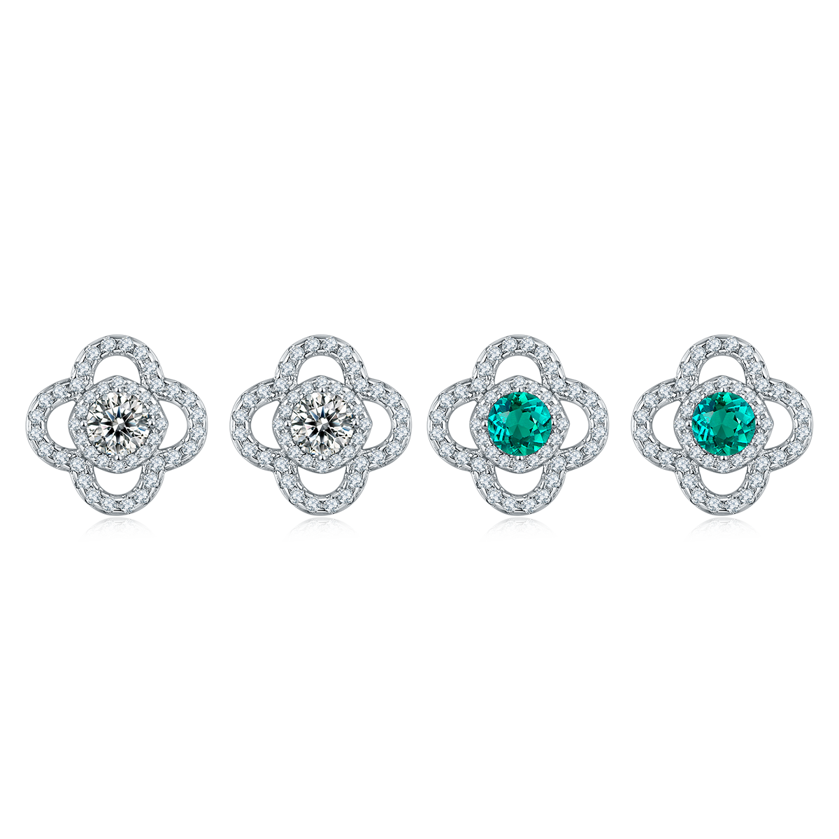 Four-Leaf Clover S925 Silver Plated 18K Platinum Stud Earrings with Round Cut Lab-Grown Emerald Moissanite