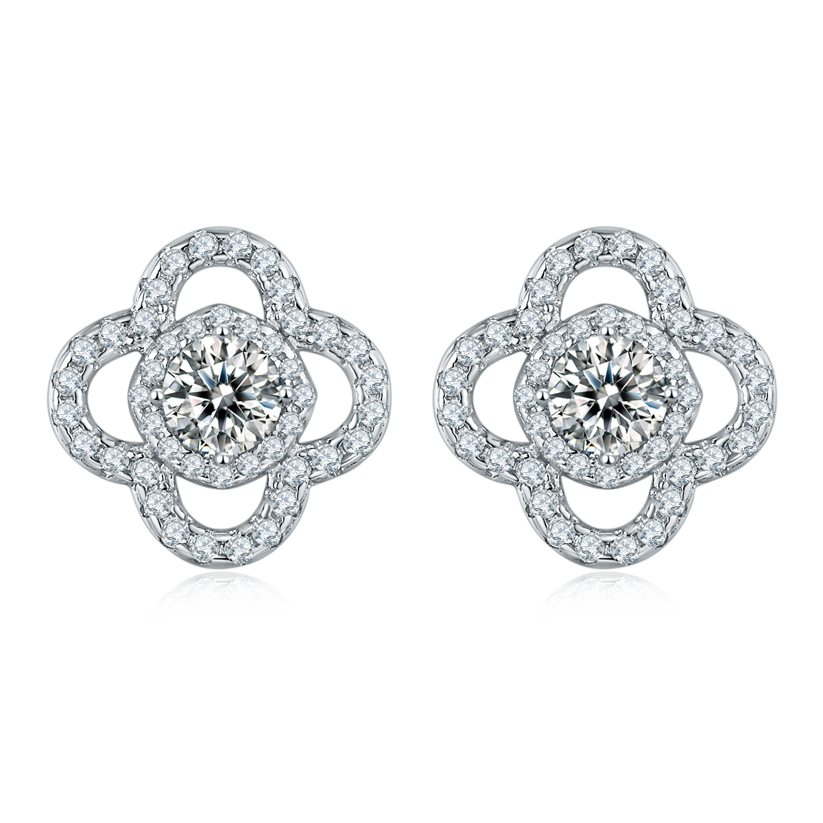 Four-Leaf Clover S925 Silver Plated 18K Platinum Stud Earrings with Round Cut Lab-Grown Emerald Moissanite