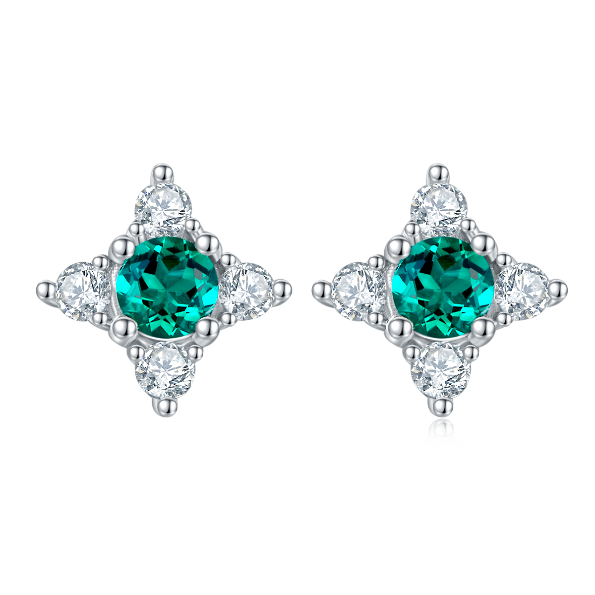 S925 Silver Plated 18K Platinum Four Petal Flower Stud Earrings with Round Cut Lab Grown Emerald