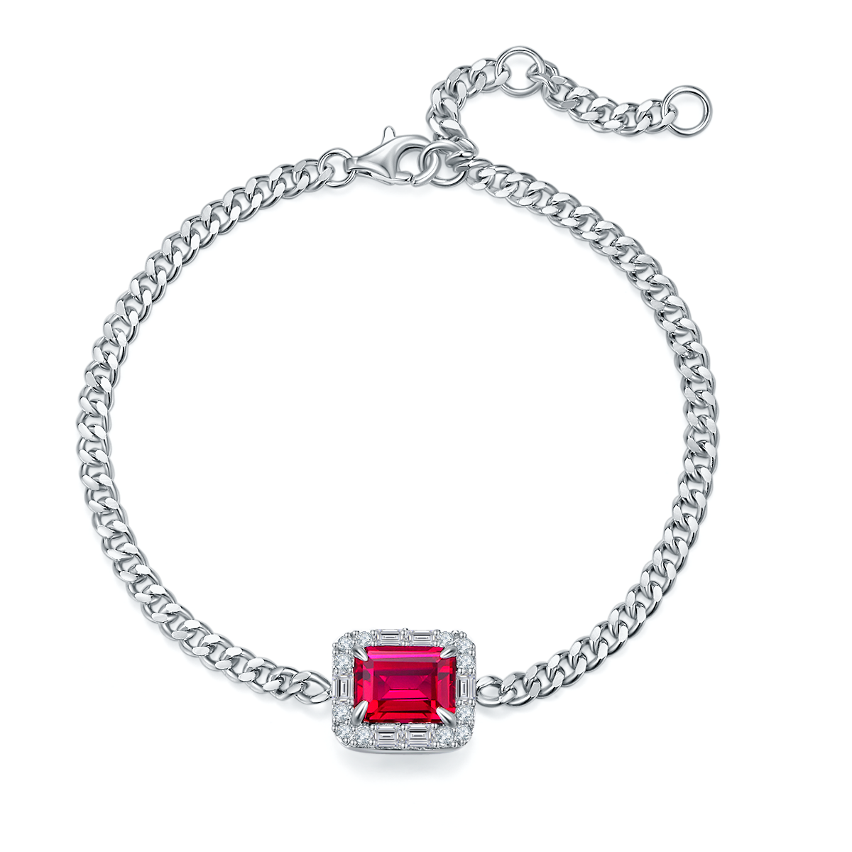 Emerald Cut Lab Grown Ruby with Soleste Halo Bracelet