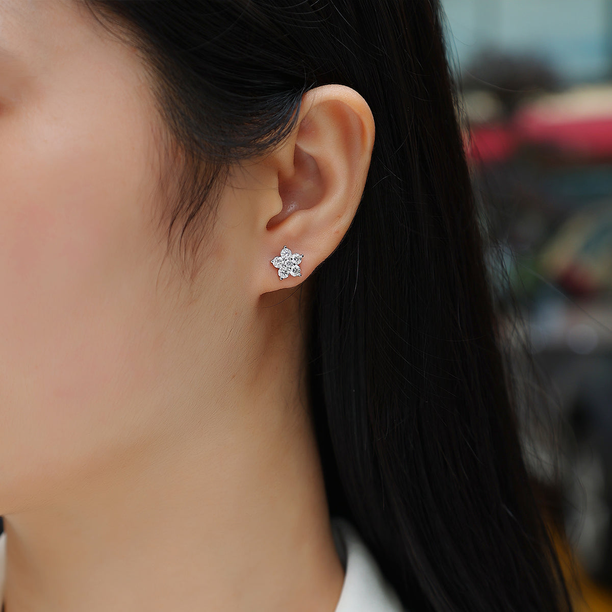 S925 Silver Plated 18K Platinum Flower Stud Earrings Moissanite