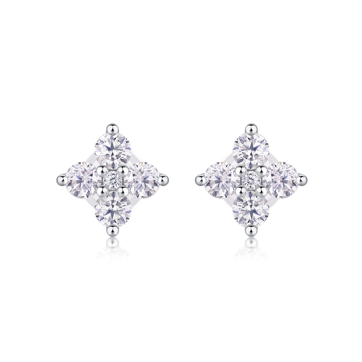 S925 Silver Plated 18K Platinum Four Petals Flower Stud Earrings with 0.85 Carat Small Round Moissanite