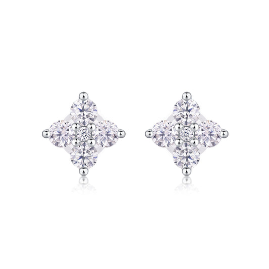 S925 Silver Plated 18K Platinum Four Petals Flower Stud Earrings with 0.85 Carat Small Round Moissanite