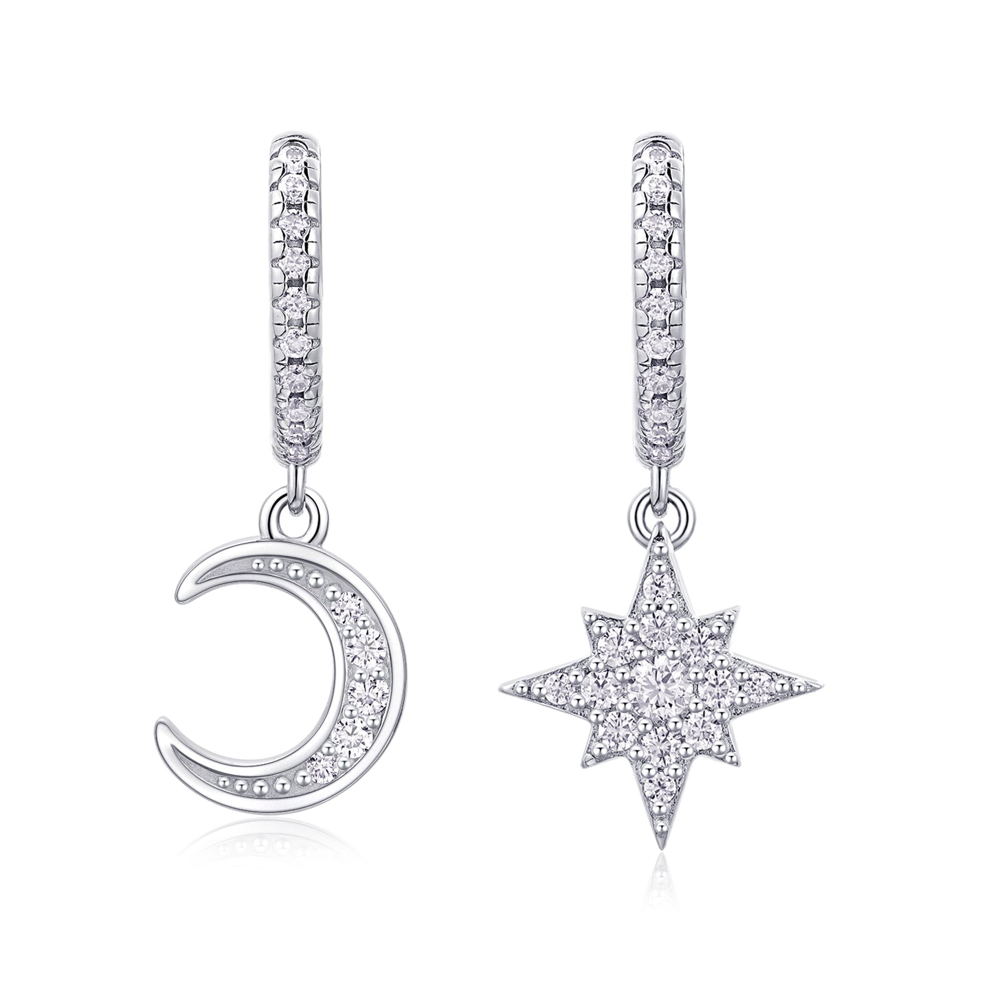 S925 Silver Plated 18K Platinum Star Moon Pendant Asymmetric Hoop Earrings with Small Round Moissanite