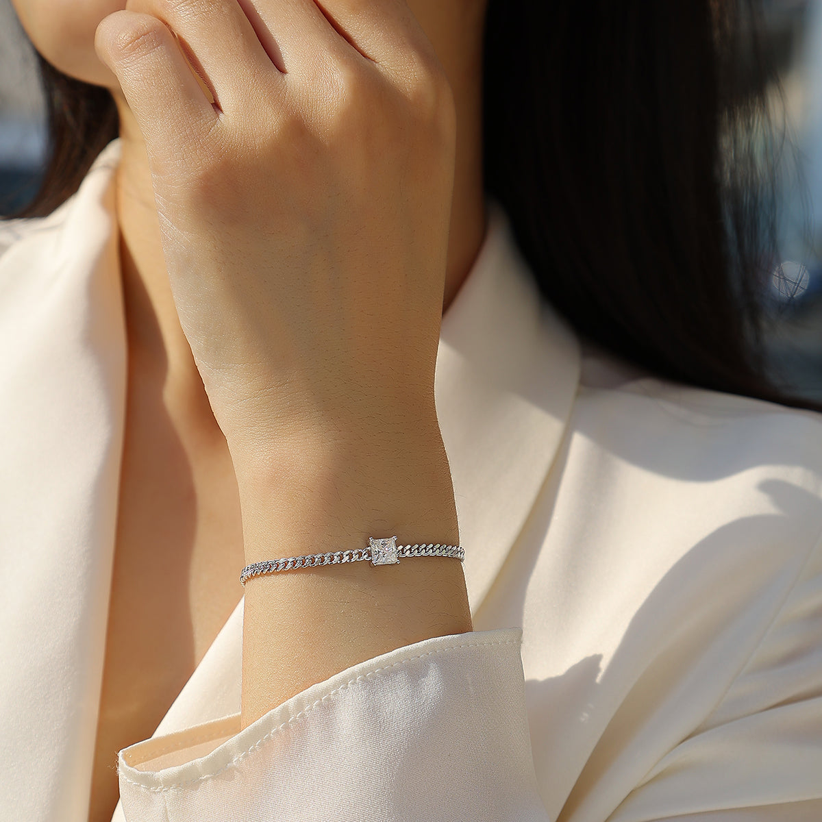 S925 Silver Plated 18K Platinum Cuban Bracelet Moissanite