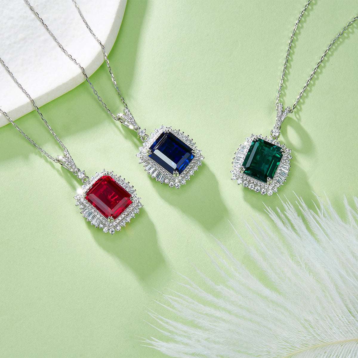 12*10mm Emerald Cut Lab Grown Gemstone Halo Necklace
