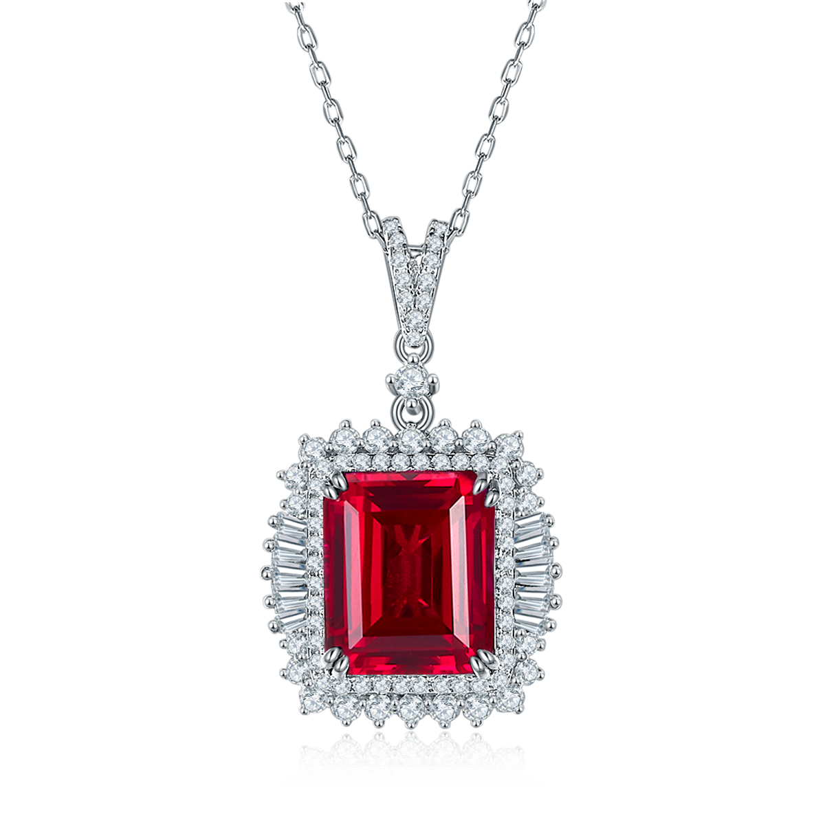 12*10mm Emerald Cut Lab Grown Gemstone Halo Necklace