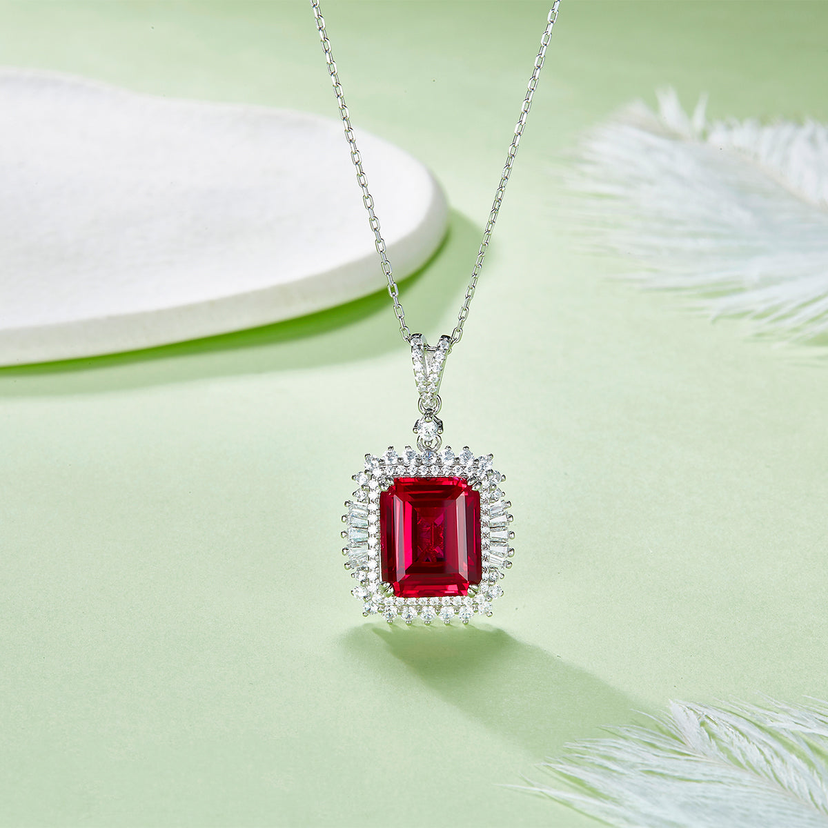 12*10mm Emerald Cut Lab Grown Gemstone Halo Necklace