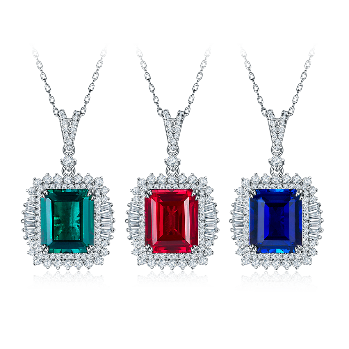 12*10mm Emerald Cut Lab Grown Gemstone Halo Necklace