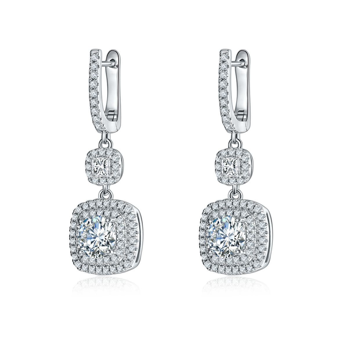1.0 Carat Round Moissanite With Double Halo S925 Silver Drop Earrings