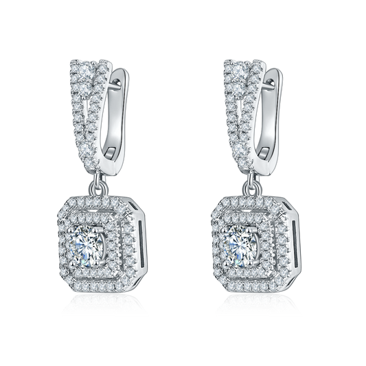 0.5 Carat Round Moissanite With Double Square Halo Earrings