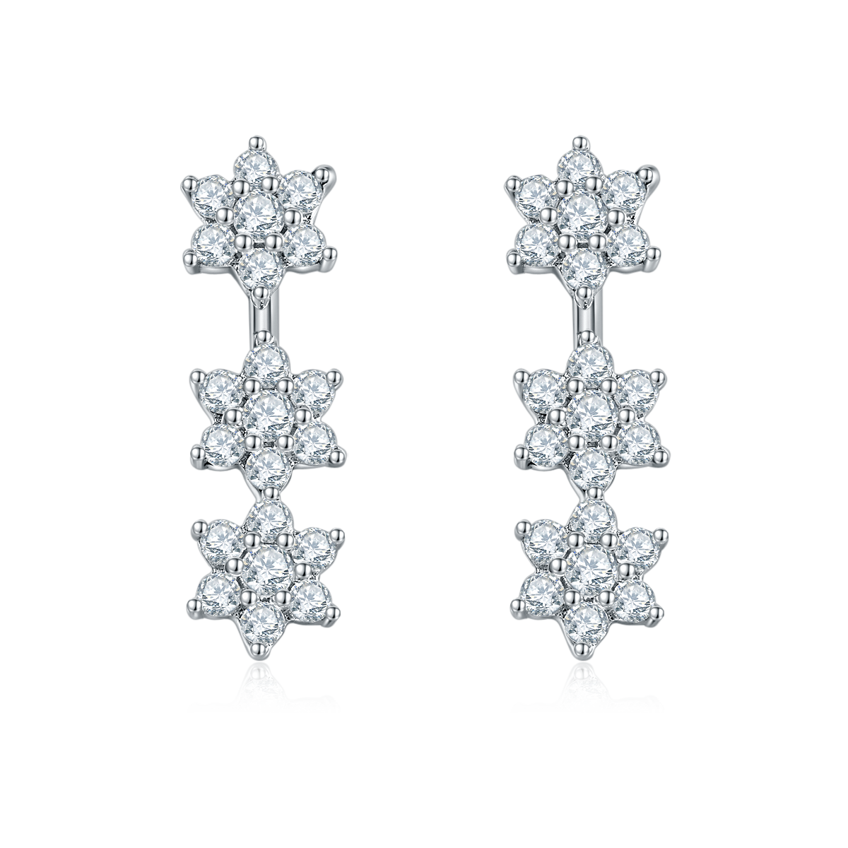 S925 Silver Plated 18K Platinum Three Moissanite Flower Drop Earrings