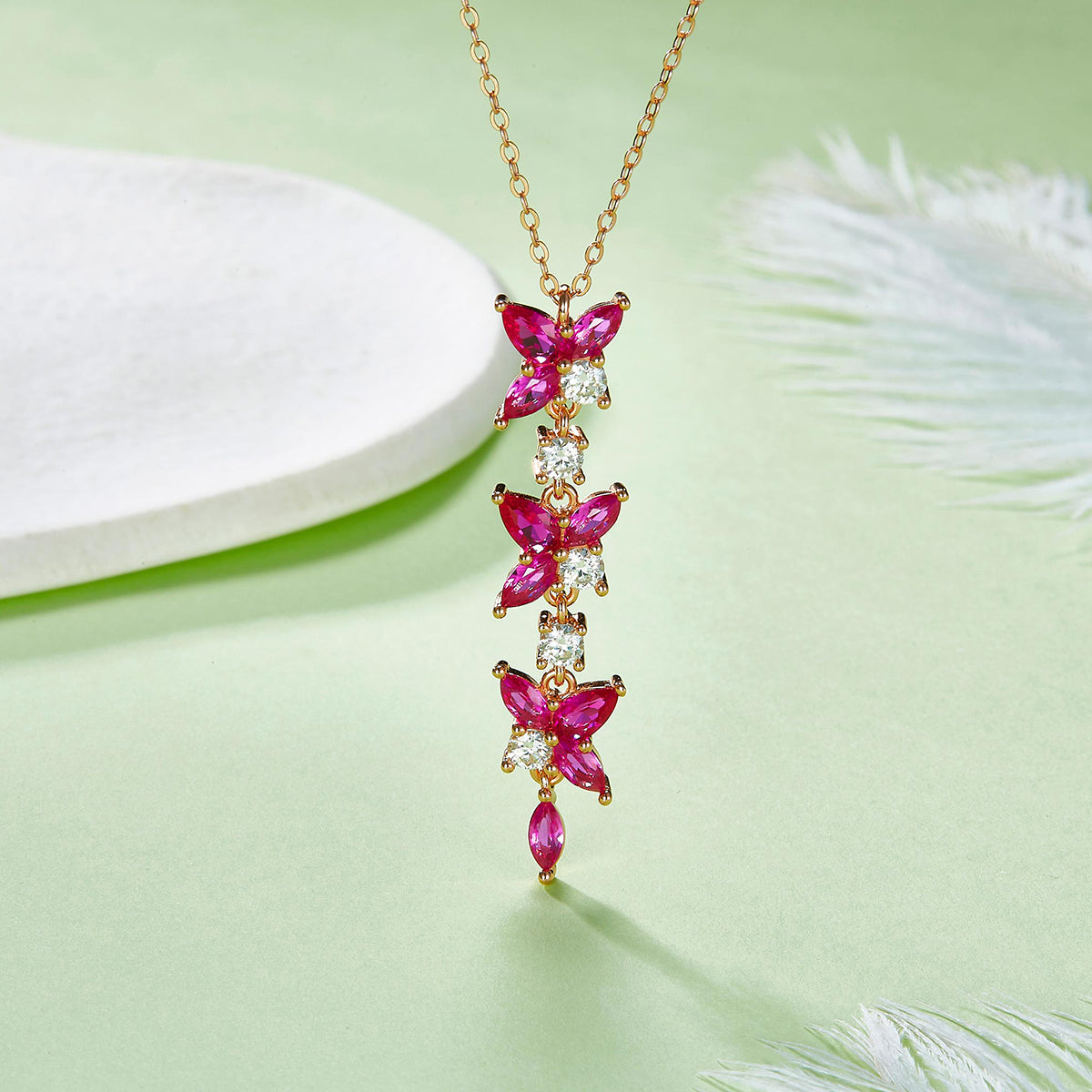 Planderful Delicate Lab Grown Ruby Small Flower Pendant Necklace S925 Rose Gold Plated For Her Gift