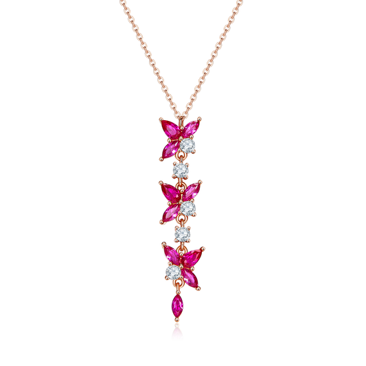 Planderful Delicate Lab Grown Ruby Small Flower Pendant Necklace S925 Rose Gold Plated For Her Gift