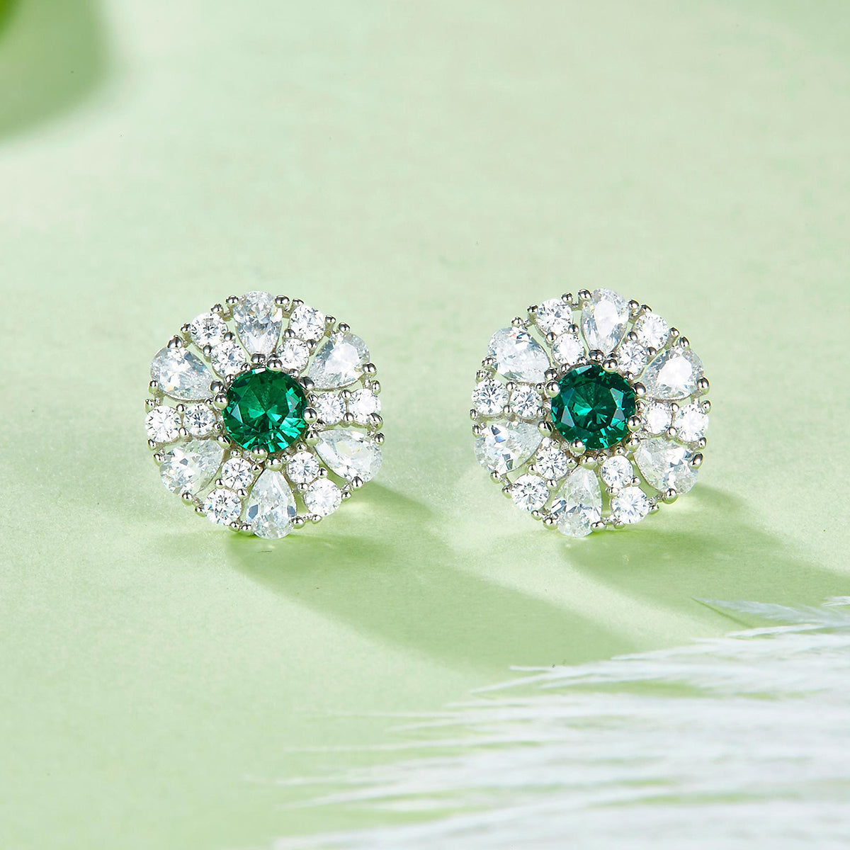 S925 Silver Plated 18K Platinum Synthetic Gemstone Round Stud Earrings