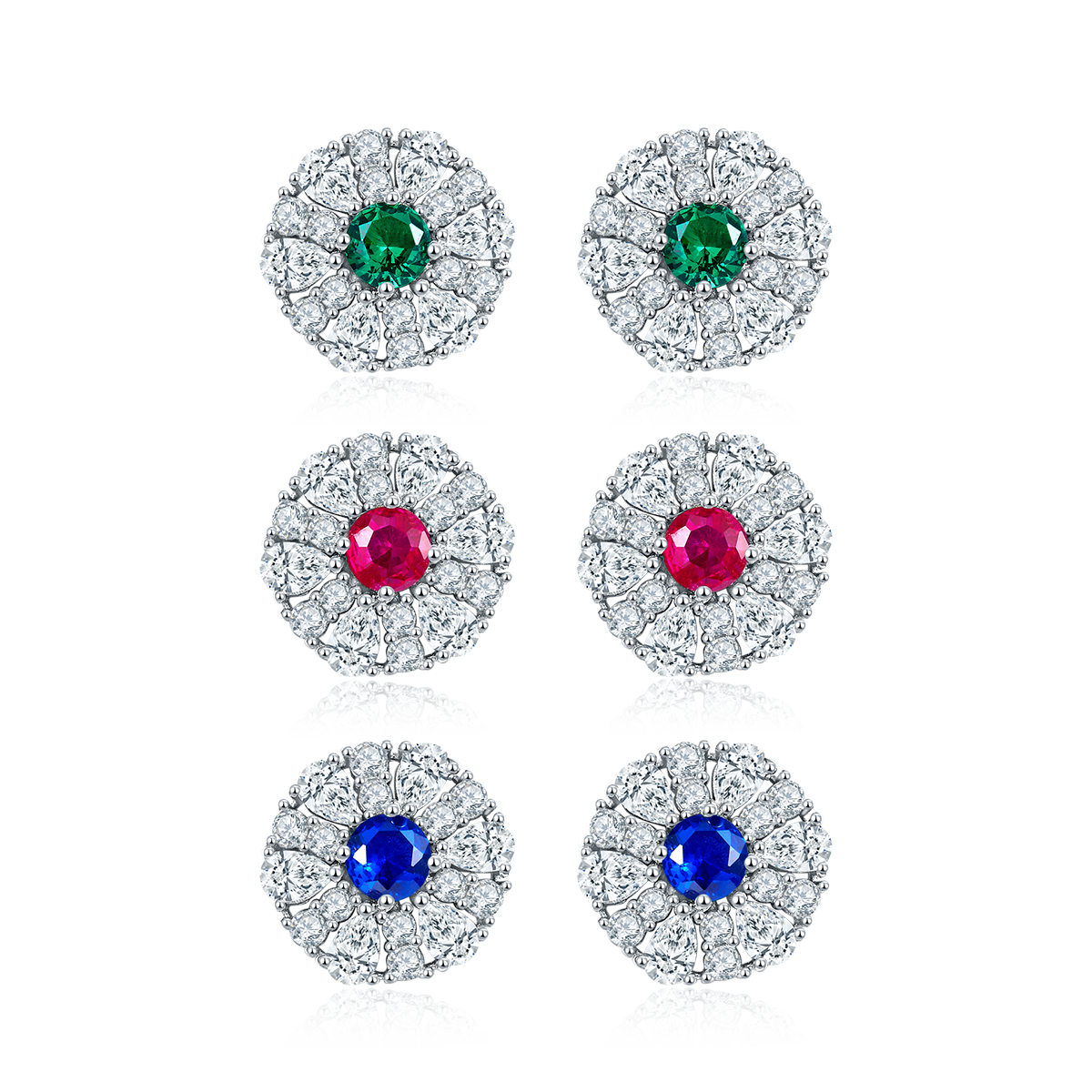S925 Silver Plated 18K Platinum Synthetic Gemstone Round Stud Earrings