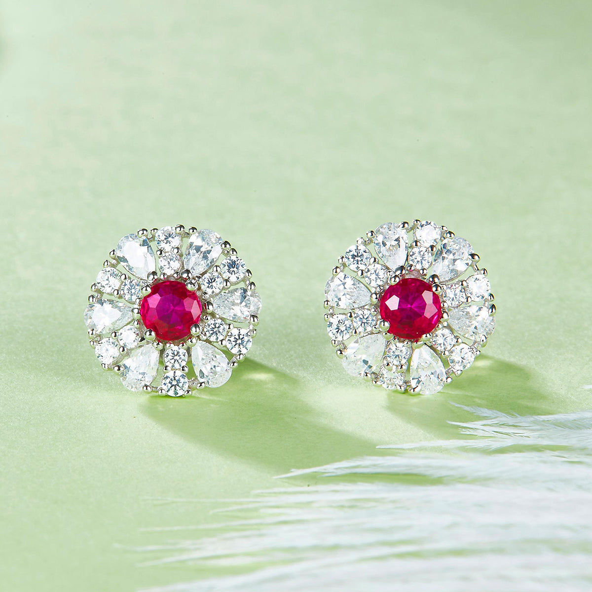 S925 Silver Plated 18K Platinum Synthetic Gemstone Round Stud Earrings