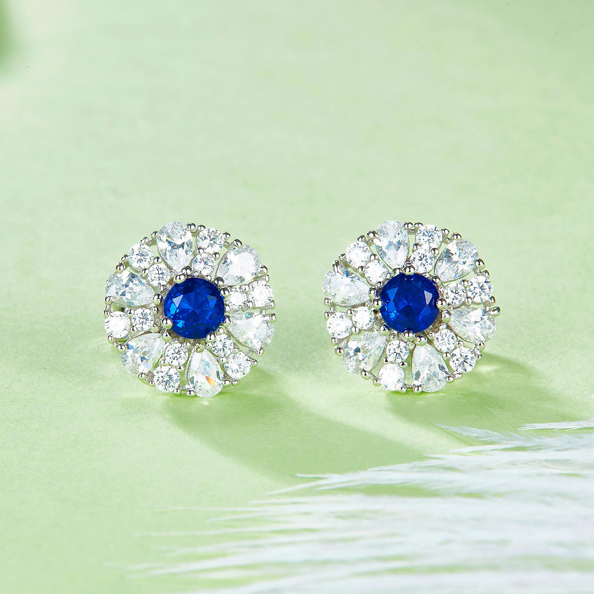 S925 Silver Plated 18K Platinum Synthetic Gemstone Round Stud Earrings