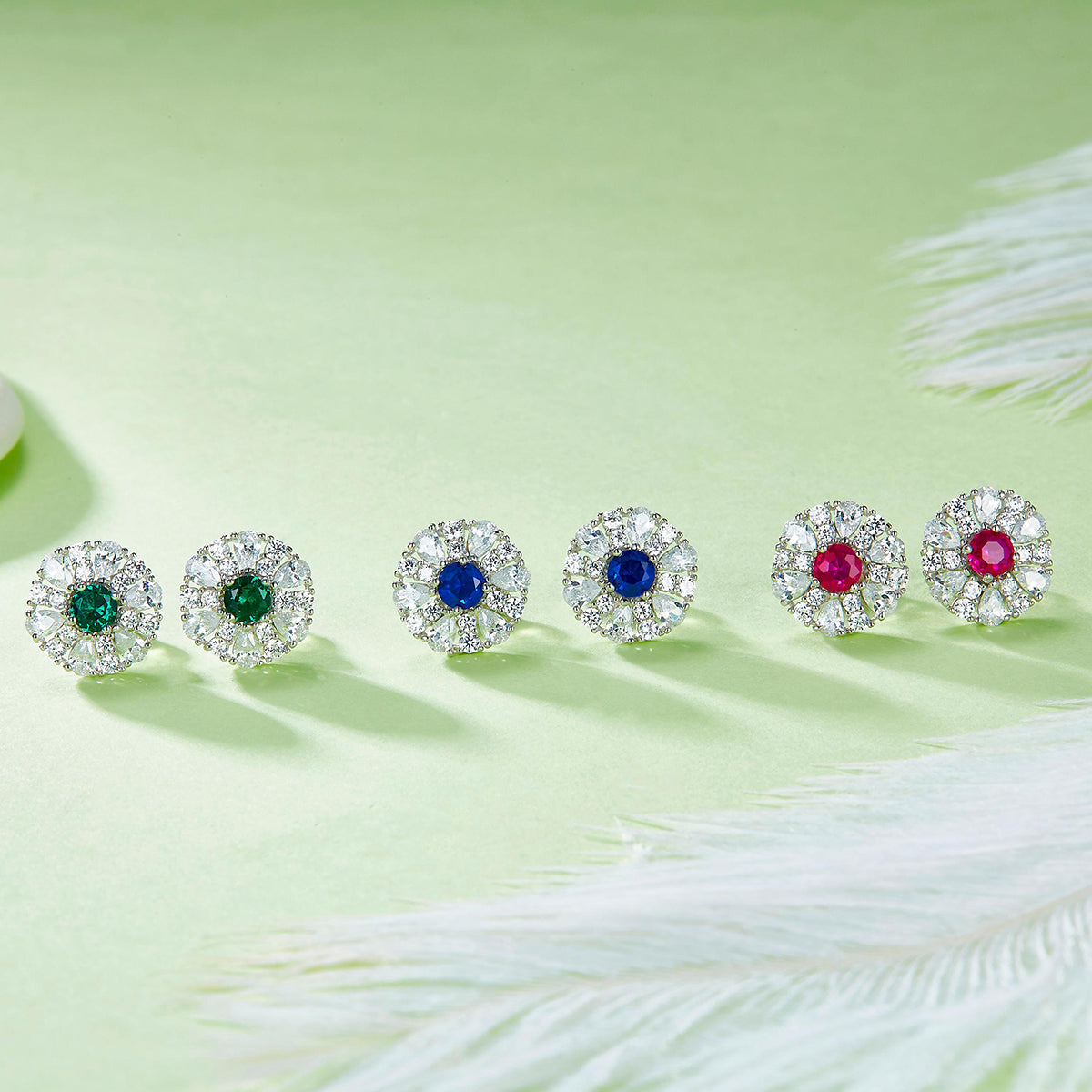 S925 Silver Plated 18K Platinum Synthetic Gemstone Round Stud Earrings