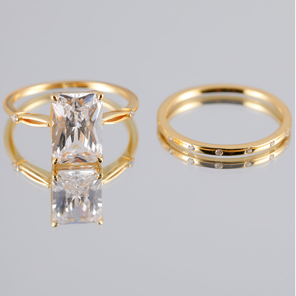 Planderful Moissanite Emerald Cut Ring Set For Women S925 Gold Plated Silver Two Piece