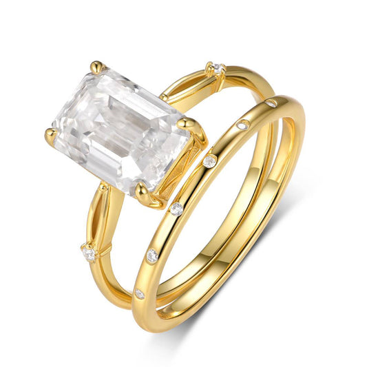 Planderful Moissanite Emerald Cut Ring Set For Women S925 Gold Plated Silver Two Piece