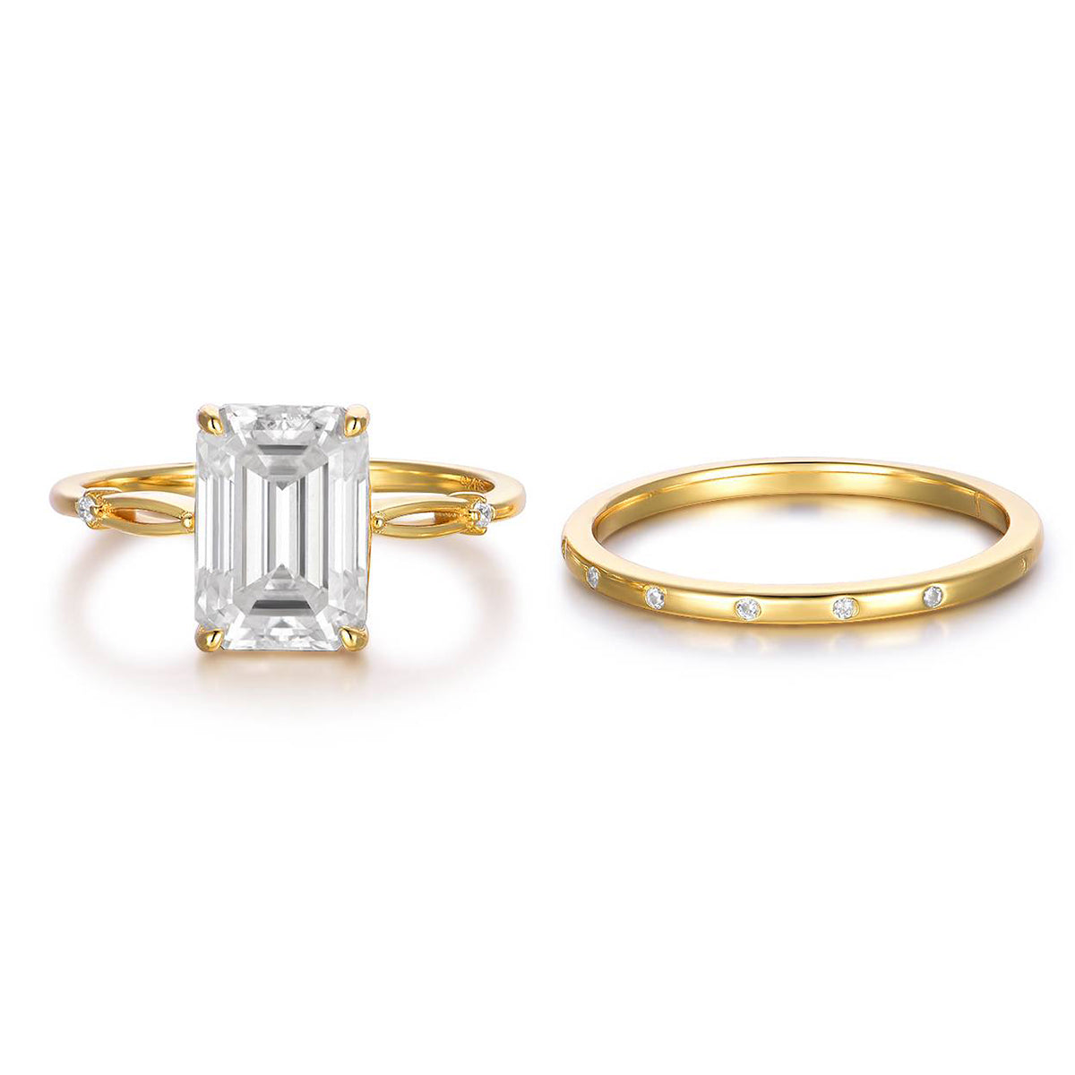 Planderful Moissanite Emerald Cut Ring Set For Women S925 Gold Plated Silver Two Piece