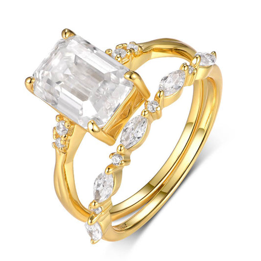 Planderful Sparkling Emerald Cut Moissanite Ring For Women With Marquise Accent Stones Two Piece Silver Plated Set